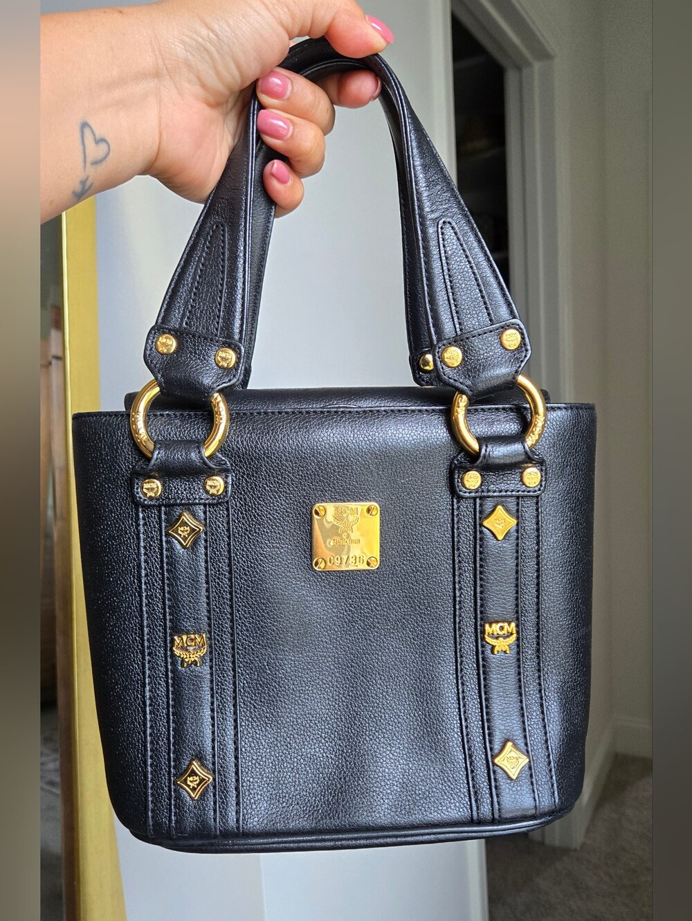 MCM Black Leather Munchen Studded Satchel Tote Bag Beautiful Clean
